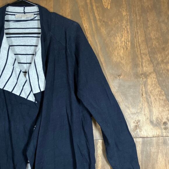 Ann Taylor LOFT Womens Sweater Navy Blue Striped Open Draped Cardigan Stretch L - Picture 5 of 12